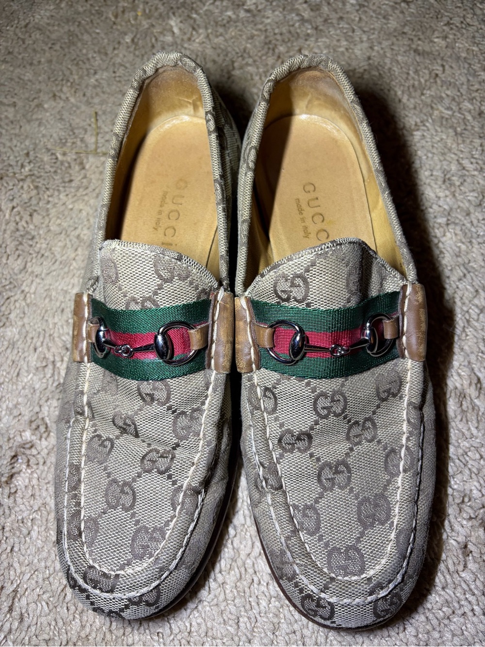 Gucci Beige GG Canvas Loafers with Green & Red Web and Horsebit